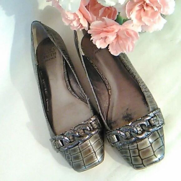 Saks Fifth Avenue Shoes - Saks Fifth Avenue Pewter Reptile Embossed Flats